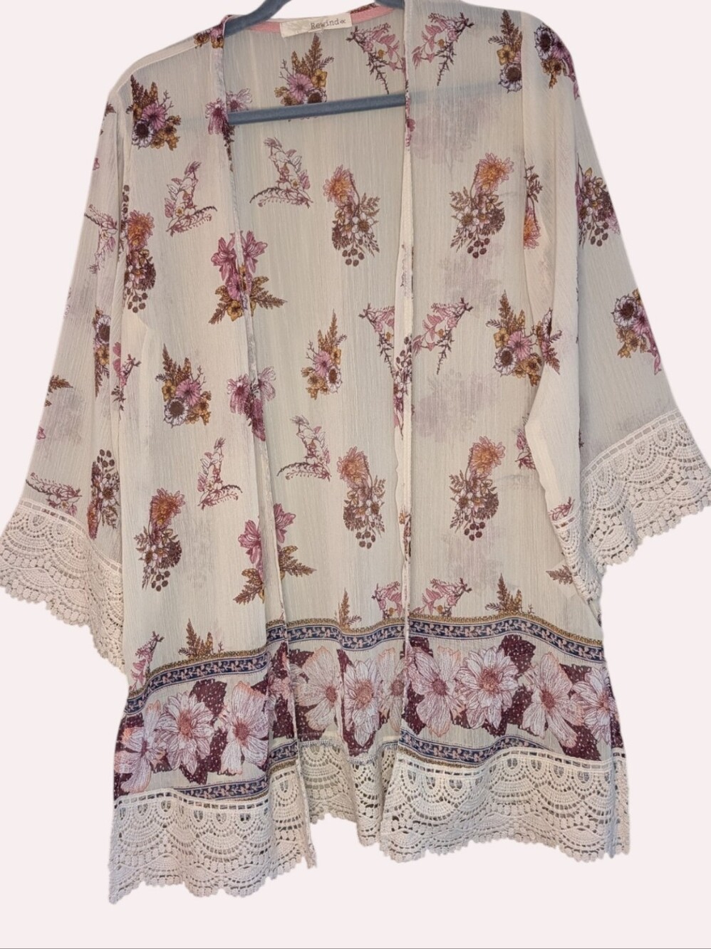 Rewind Floral Kimono Cardigan Sheer Boho Lace Trim Cream Pink Size Medium duster